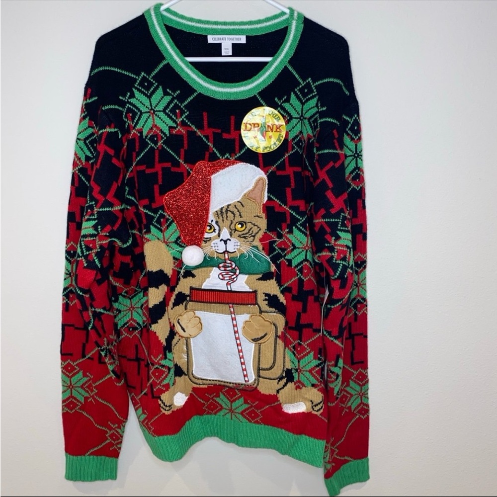 NWT Cat Drinking Ugly Christmas Sweater Celebrate Together Size XXL